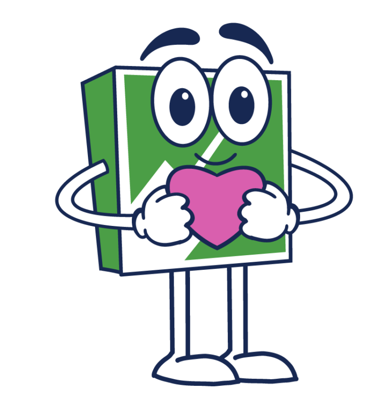 A green cartoon mascot holding a pink heart.