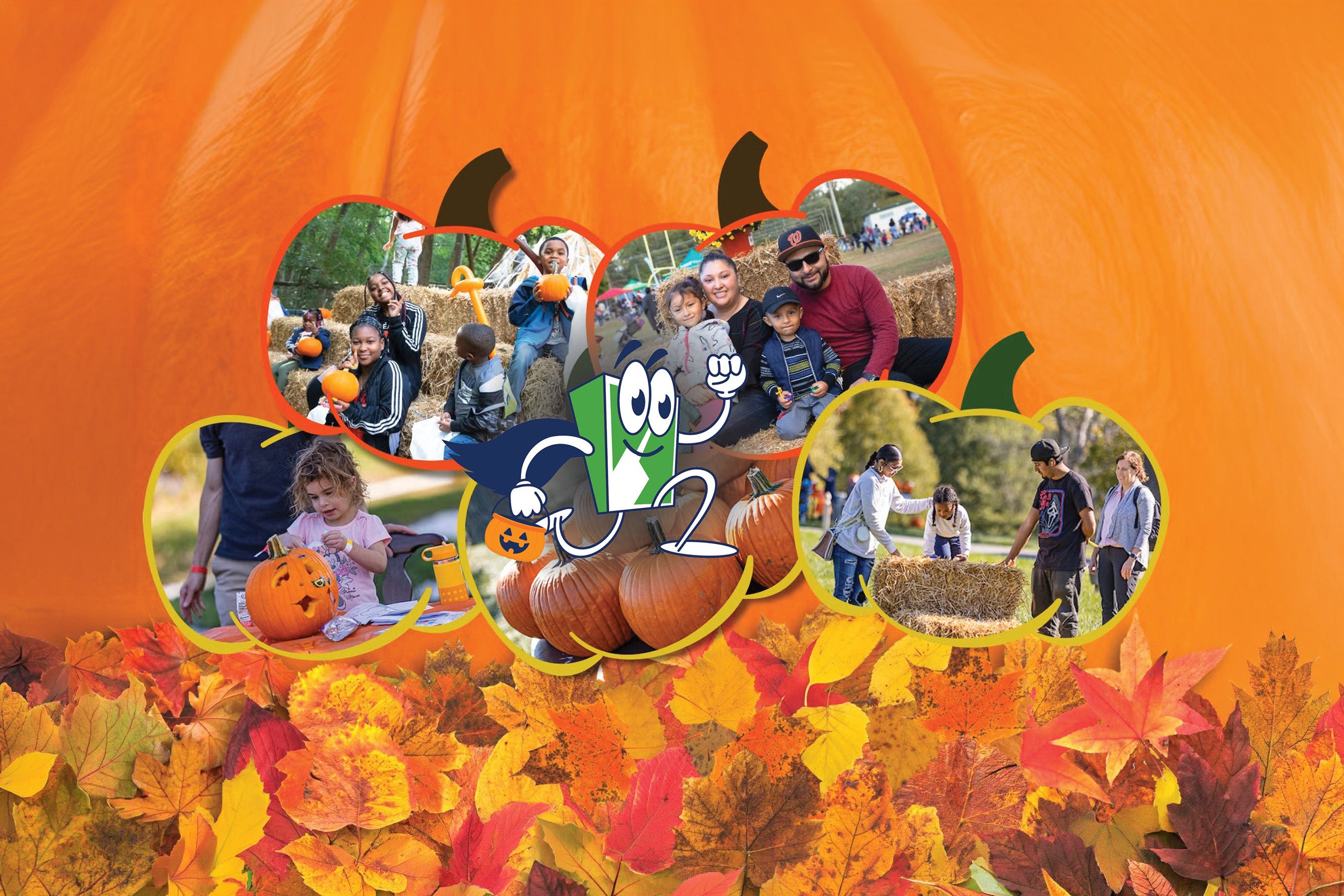 Banner graphic featuring a green and white mascot and pumpkin-shaped inset photos of people enjoying Halloween activities.